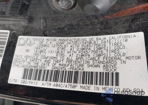 2011 Toyota Tacoma Base V6 из США, поврежденный, VIN 3TMLU4EN4BM063891